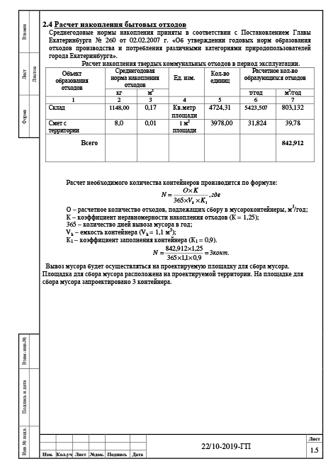 Генплан производственной базы - Расчет накопления бытовых отходов